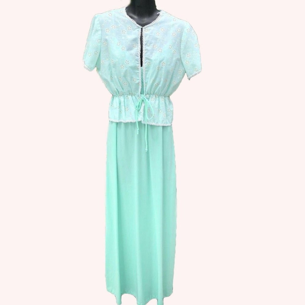 Vintage 1970s Sears Maxi Dress XS Seafoam Green Floral Shrug Boho Prairie